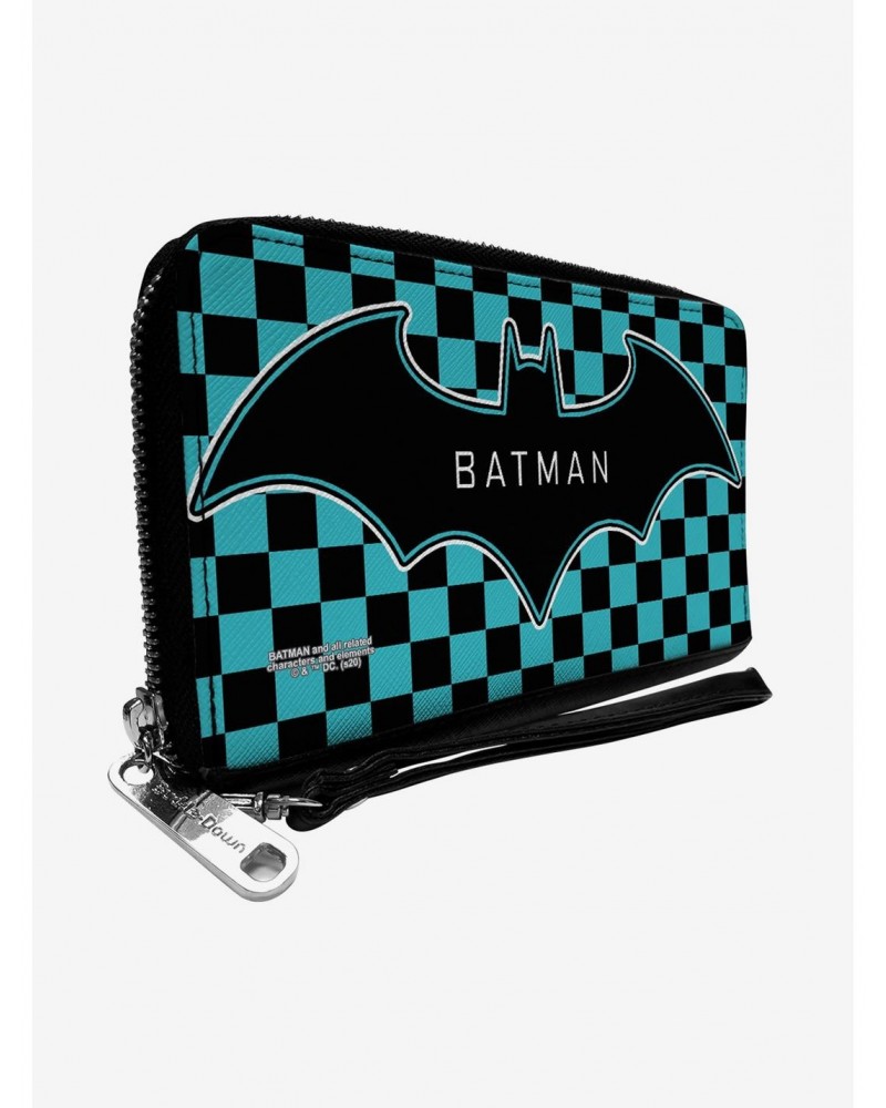 DC Comics Batman Bat Logo Checker Teal Black Zip Around Rectangle Wallet $9.89 Wallets